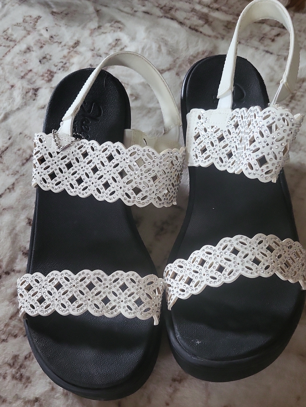 Skechers Black Footbed Sandals with White Lace-Strap Accents